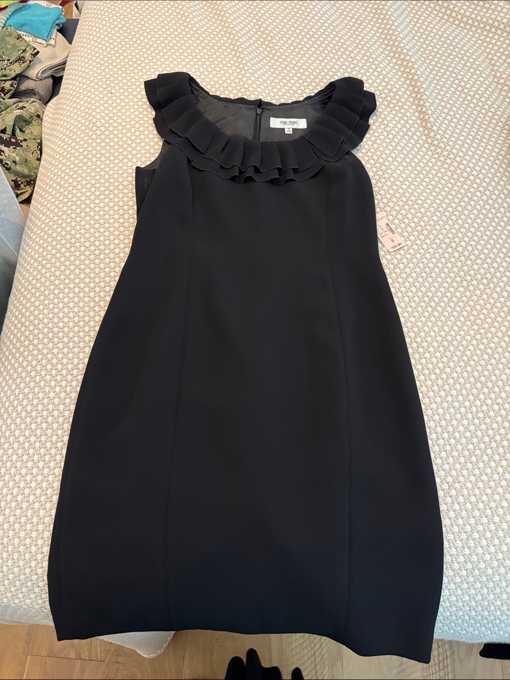 Jones Studio Black Ruffle Neck Sheath Dress